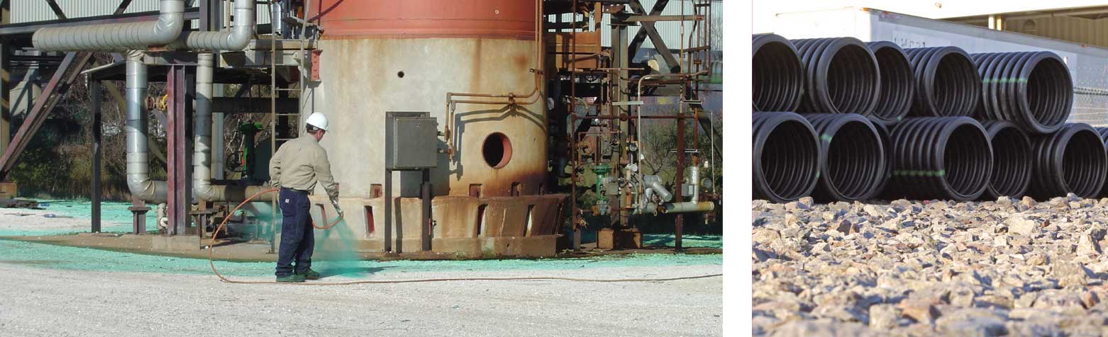 Man spraying industrial site and stacked pipes